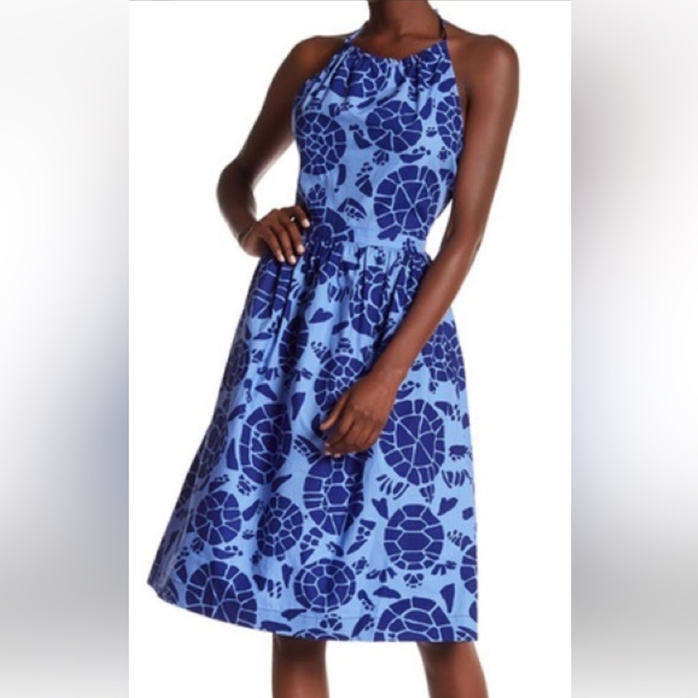 Kate Spade 100% Cotton Side Pockets Navy Blue Dress Turtle Pattern Size 6 F10
